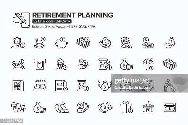 ilustraciones, imágenes clip art, dibujos animados e iconos de stock de conjunto de iconos de línea para la planificación de la jubilación · 32 iconos - libertad financiera
