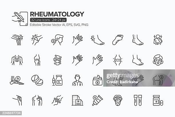 rheumatology line icon set · 32 icons - human tissue stock illustrations