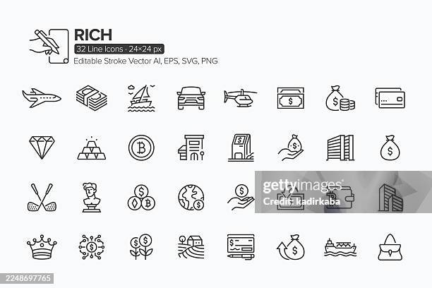 rich line icon set · 32 icons - private jet stock illustrations