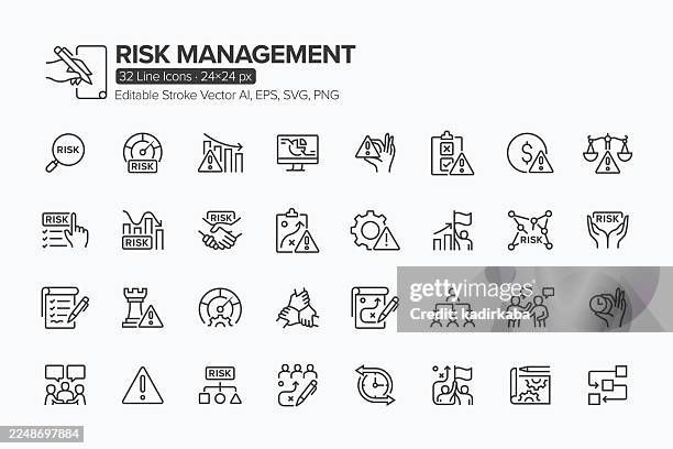 risk management line icon set · 32 icons - prevention concept stock illustrations
