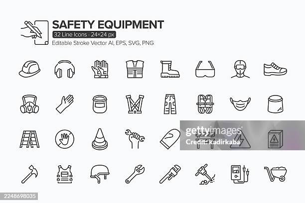 safety equipment line icon set · 32 icons - safety harness stock illustrations