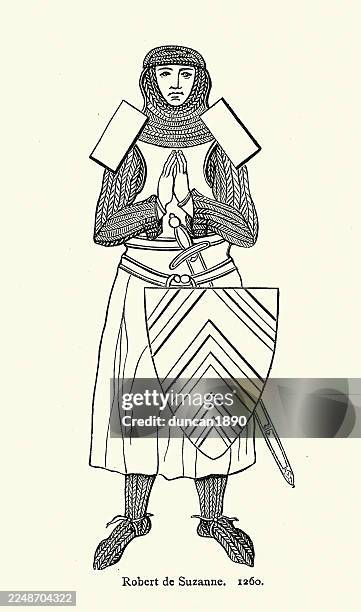 history, fashion, knight, chain mail, shield, sword, medieval 13th century, vintage illustration, robert de suzanne was a roi d'armes, or herald, for king louis ix of france, who died in 1260 - suit of armour stock illustrations