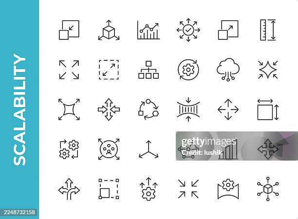 scalability icon set. editable stroke weight. pixel perfect icons. - zoom out stock illustrations