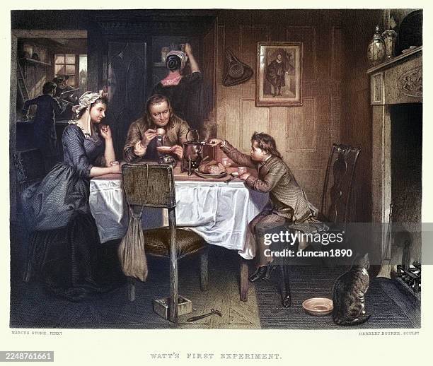 james watt as a boy, sitting at a dining table and experimenting with the steam from a tea kettle, after painting by marcus stone, victorian art, illustration, 19th century, 1860s - kettle steam stock illustrations