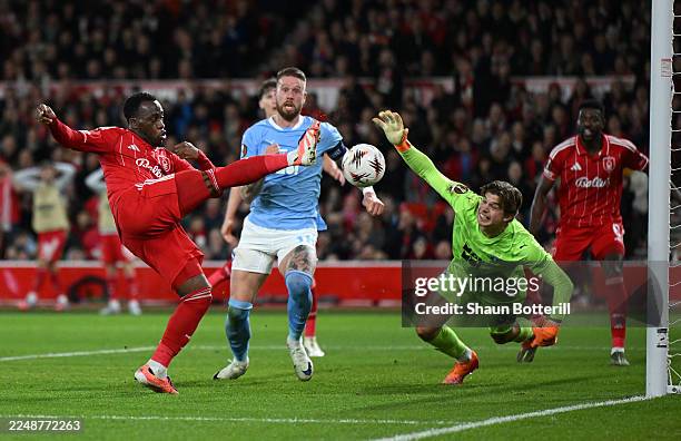 Arnaud Kalimuendo of Nottingham Forest scores his team's second goal during the UEFA Europa League 2025/26 League Phase MD5 match between Nottingham...