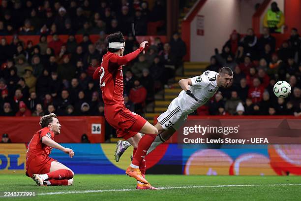 Nardin Mulahusejnovic of FC Noah scores his team's first goal during the UEFA Conference League 2025/26 League Phase MD4 match between Aberdeen FC...