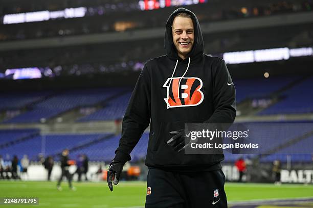 Joe Burrow of the Cincinnati Bengals warms up prior to an NFL football game against the Baltimore Ravens at M&T Bank Stadium on November 27, 2025 in...