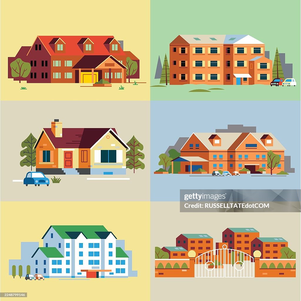 Colección de ilustraciones coloridas de edificios residenciales – Casas, apartamentos y diseños modernos de viviendas