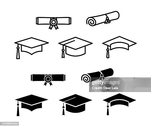 ilustraciones, imágenes clip art, dibujos animados e iconos de stock de conjunto de gorras de graduación e iconos de diploma. símbolo de gorra universitaria o gorra de graduado. - birrete