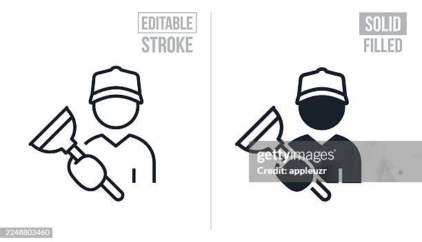 plumber holding a toilet plunger - editable stroke and solid icons - man plunger stock illustrations