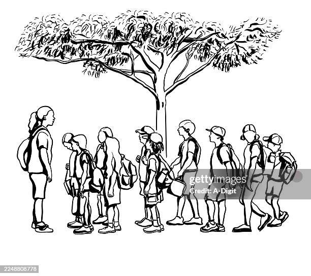 elementary school lineup oudoors ink drawing - summer learning stock illustrations