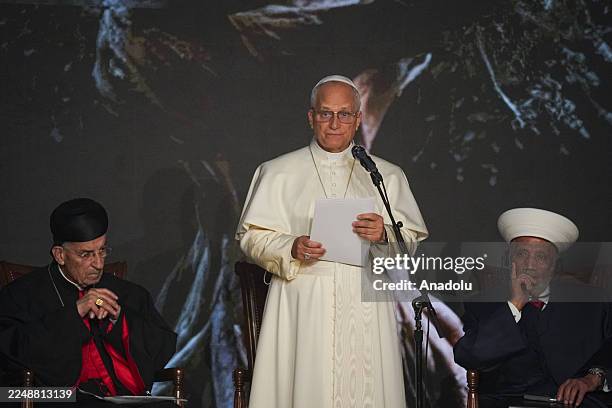 Pope Leo XIV attends a gathering at Martyrs' Square in Beirut, Lebanon on December 1, 2025.
