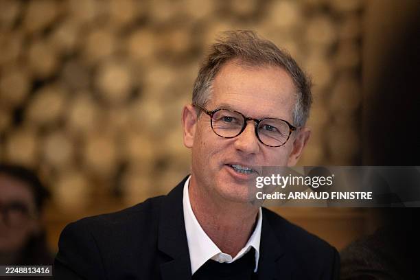 Edgar Grospiron, former Olympic skiing champion and President of the Coordination Committee for the 2030 Winter Olympics speaks during the...