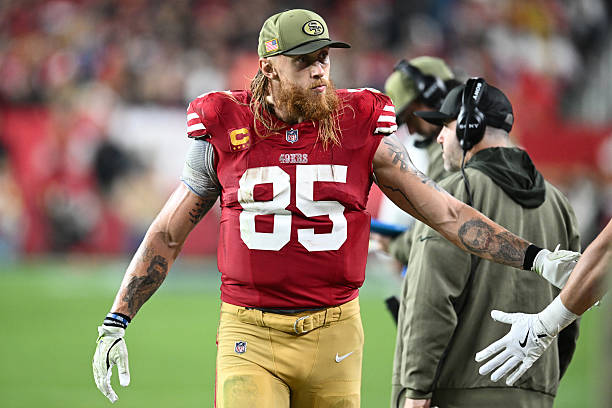 George Kittle of the San Francisco 49ers looks on during the second half against the Carolina Panthers at Levi's Stadium on November 24, 2025 in...