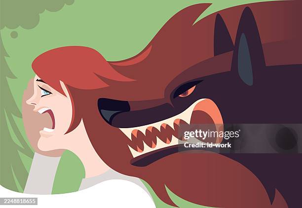 woman screaming while finding angry wolf approaching - werewolf stock illustrations