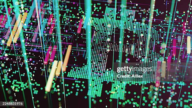 dynamic bitcoin and crypto data visualization with neon stock market elements and digital world map - digital currency stock pictures, royalty-free photos & images