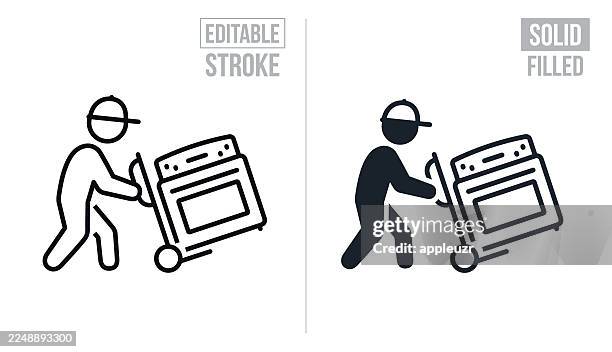 delivery person delivering a stove - editable stroke and solid icons - warehouse worker stock illustrations