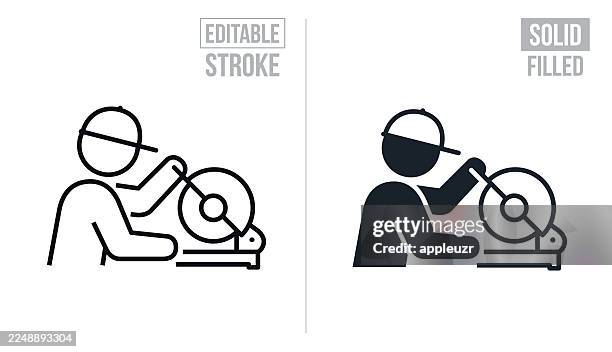 handyman using an electric saw - editable stroke and solid icons - sawing vector stock illustrations