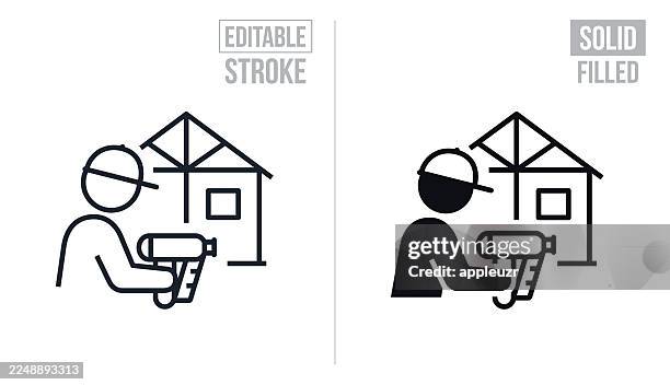home builder using a nailer to build house - editable stroke and solid icons - remodeling stock illustrations