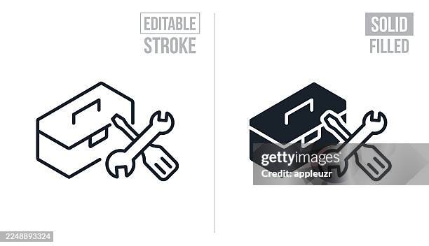 illustrazioni stock, clip art, cartoni animati e icone di tendenza di cassetta degli attrezzi e strumenti - icone a tratto e icone solide modificabili - scatola per attrezzi