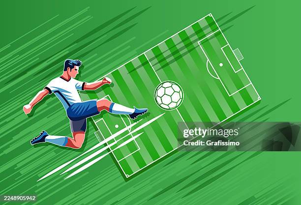 soccer player kicking the ball in mid-air in front of green background flat design illustration - kicking-soccer-ball-clip-art stock illustrations