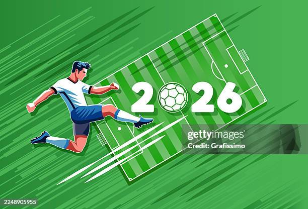 happy new year 2026 with soccer player kicking the ball in mid-air in front of green background flat design illustration - kicking-soccer-ball-clip-art stock illustrations