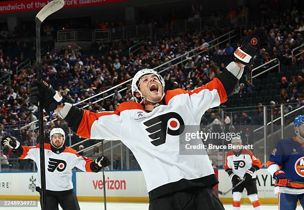 Tyson Foerster of the Philadelphia Flyers celebrates his goal against the New York Islanders at 8:30 of the first period at UBS Arena on November 28,...