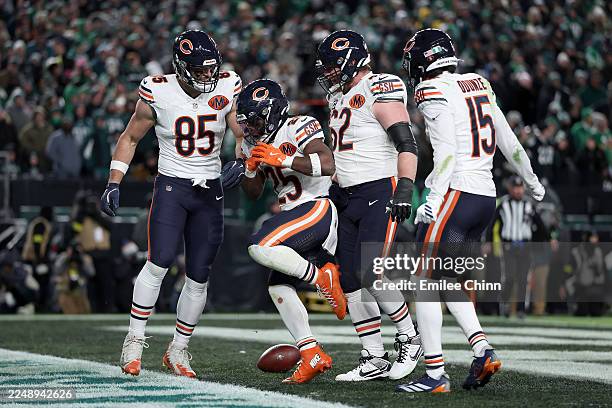 Kyle Monangai of the Chicago Bears celebrates after scoring a 4 yard touchdown against the Philadelphia Eagles during the fourth quarter in the game...