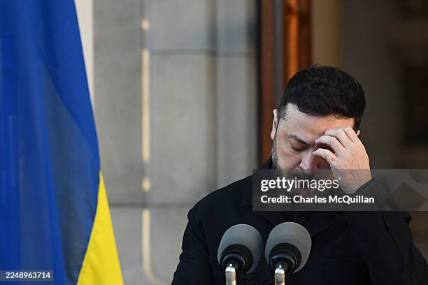 Ukrainian President Volodymyr Zelenskyy gives a statement after a meeting with Ireland's Taoiseach Micheal Martin at a government building, on...
