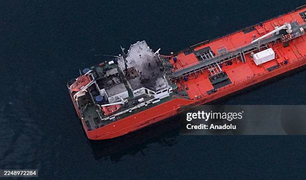 An aerial view of the 'MIDVOLGA-2,' a vessel sailing from Russia to Georgia, arrives off the coast of Sinop, a northern province of Turkiye, after...