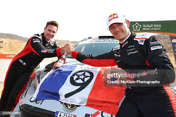 Sébastien Ogier and Vincent Landais of France and Toyota Gazoo Racing WRT celebrate winning the Drivers’ World Rally Championship during Day 4 of WRC...