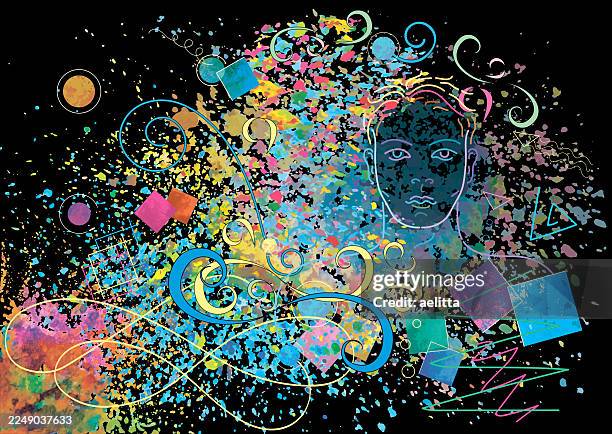 multicolored illustration on a black background with watercolor splashes, elegant curved lines, and geometric shapes, among which there is a male face. - man colourful background stock illustrations
