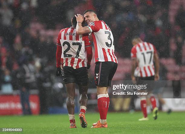 Noah Sadiki and Granit Xhaka of Sunderland celebrate victory following the Premier League match between Sunderland and Bournemouth at Stadium of...
