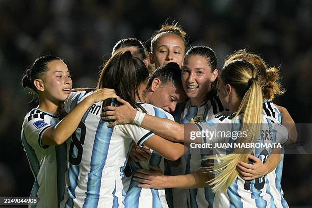 Argentina's defender Maria Bonsegundo celebrates with teammates after scoring from the penalty spot during the Conmebol Women's Nations League...
