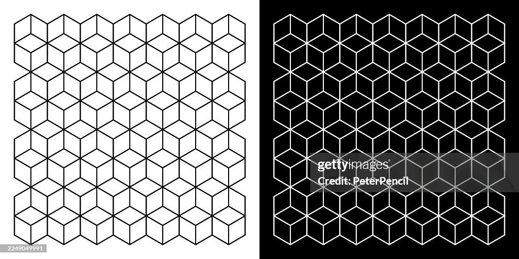 Vector seamless pattern set with square isometric cube lines in black and white. Clean editable stroke width for geometric projects. Square pattern set for modern backgrounds and packaging.