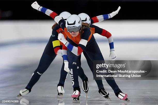 Lieke Huizink, Mette Ten Cate and Evi De Ruijter of Netherlands compete in the Team Pursuit Women Juniors during the ISU Junior World Cup Speed...