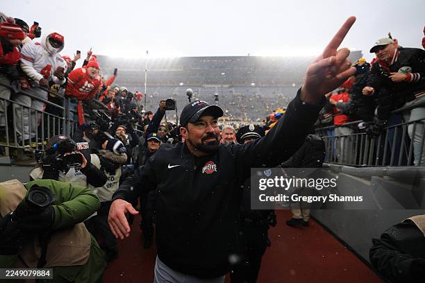 Head coach Ryan Day of the Ohio State Buckeyes celebrates after a 27-9 victory against the Michigan Wolverines at Michigan Stadium on November 29,...