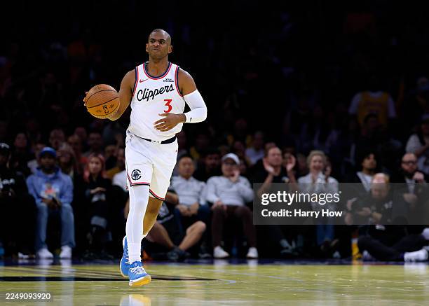 Chris Paul of the LA Clippers dribbles during a 135-118 Los Angeles Lakers win at Crypto.com Arena on November 25, 2025 in Los Angeles, California....