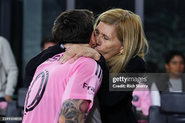 Lionel Messi of Inter Miami CF is congratulated by his mother Celia María Cuccittini after winning the Audi 2025 MLS Cup eastern conference final...