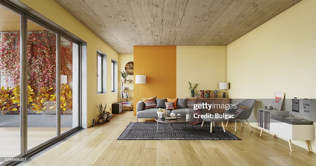 Retro Orange and Yellow Living Room with Balcony View