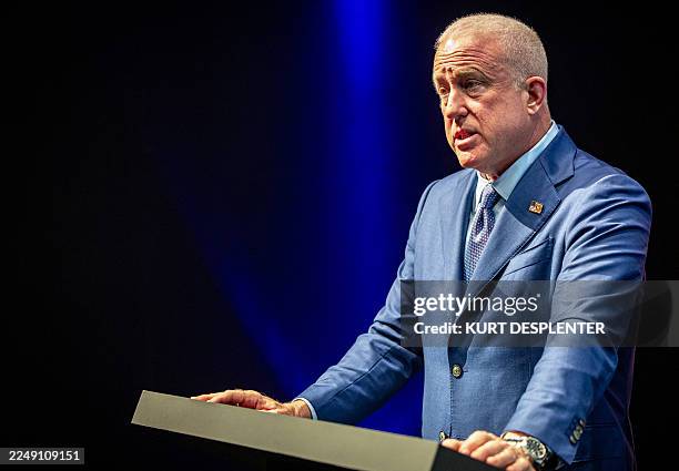 Ambassador to Belgium Bill White delivers a speech during a visit to the Barco technology firm, in Kortrijk on December 3, 2025. / Belgium OUT