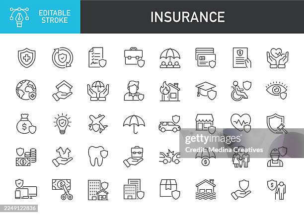 stockillustraties, clipart, cartoons en iconen met insurance icons collection - editable storke thin line series icon - brandverzekering