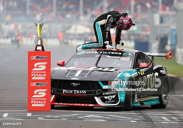 Chaz Mostert driver of the Mobil1 Optus Racing Ford Mustang GT celebrates after winning the 2025 Supercars Championship at the BP Adelaide Grand...