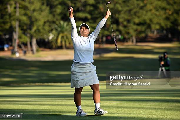Ai Suzuki of Japan celebrates winning the tournament through the playoff following the final round of the JLPGA Tour Championship Ricoh Cup at...