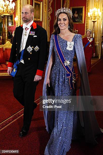 William, Prince of Wales and Catherine, Princess of Wales arrive ahead the state banquet for the German President Frank-Walter Steinmeier and his...