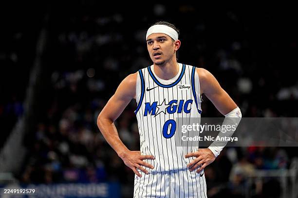 Anthony Black of the Orlando Magic looks on against the Detroit Pistons at Little Caesars Arena on November 28, 2025 in Detroit, Michigan. NOTE TO...