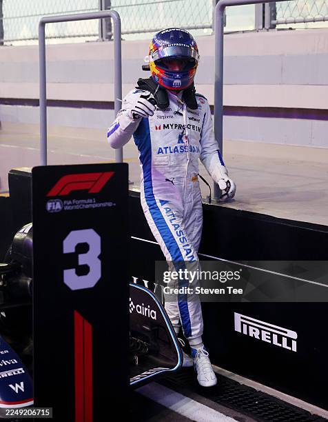 Third placed Carlos Sainz of Spain and Williams celebrates in parc ferme during the F1 Grand Prix of Qatar at Lusail International Circuit on...