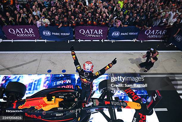 Race winner Max Verstappen of the Netherlands and Oracle Red Bull Racing celebrates on arrival in parc ferme during the F1 Grand Prix of Qatar at...