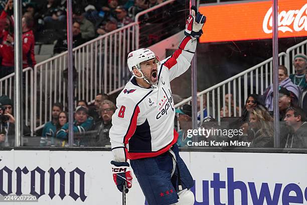 Alex Ovechkin of the Washington Capitals celebrates scoring a goal in the first period against the San Jose Sharks at SAP Center on December 3, 2025...