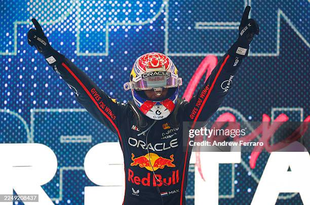 Race winner Max Verstappen of the Netherlands and Oracle Red Bull Racing celebrates on arrival in parc ferme during the F1 Grand Prix of Qatar at...